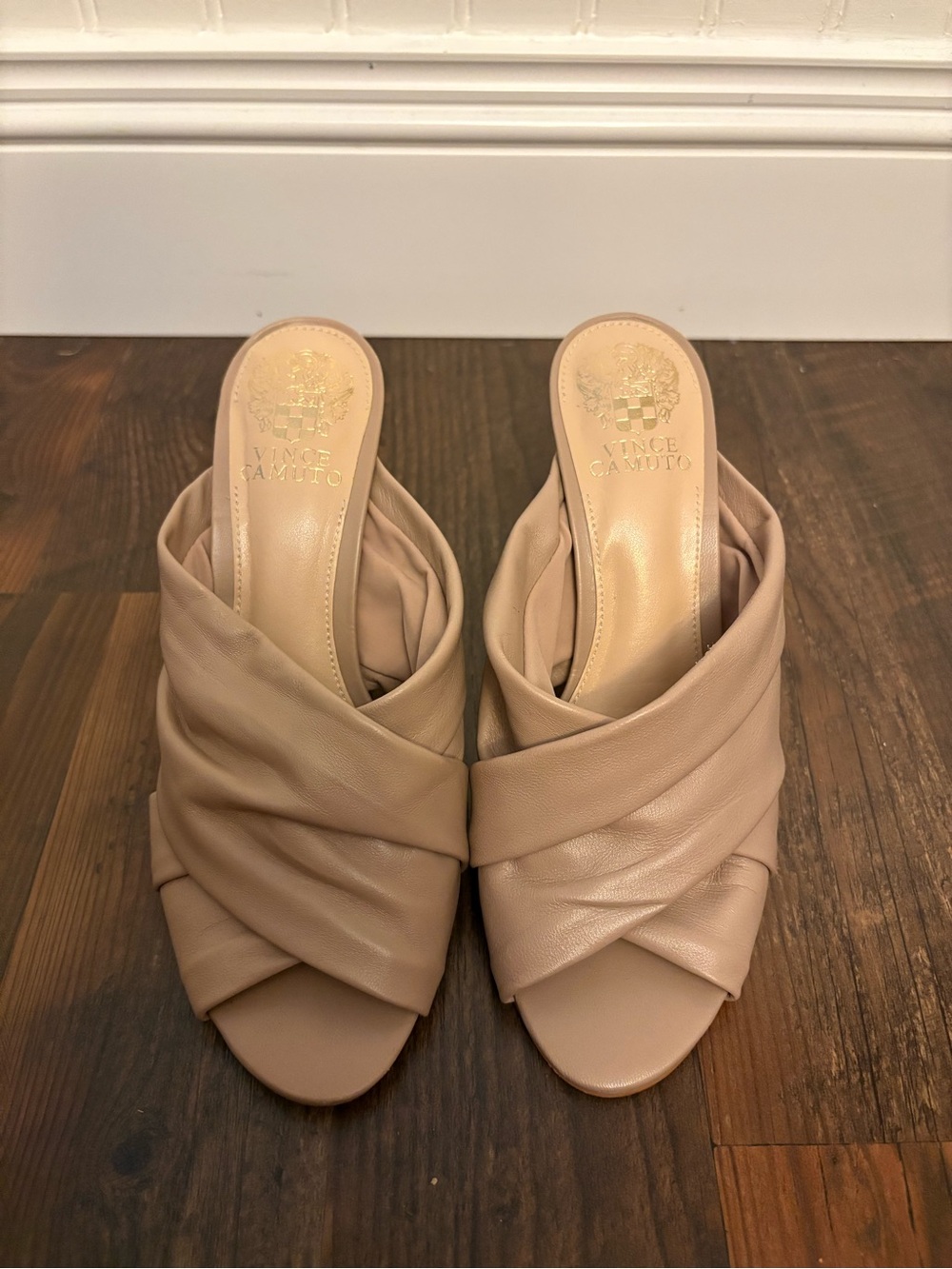 Vince Camuto Taupe Ruched Leather Mule Heels Size 7.5M